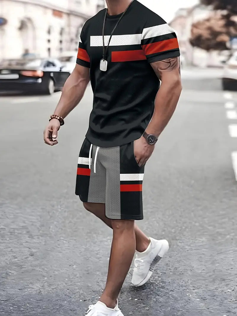 Conjunto de 2 peças de lazer de verão masculino, camiseta masculina de manga curta, gola redonda e shorts com cordão