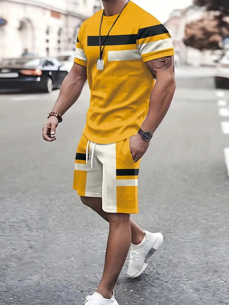 Conjunto de 2 peças de lazer de verão masculino, camiseta masculina de manga curta, gola redonda e shorts com cordão
