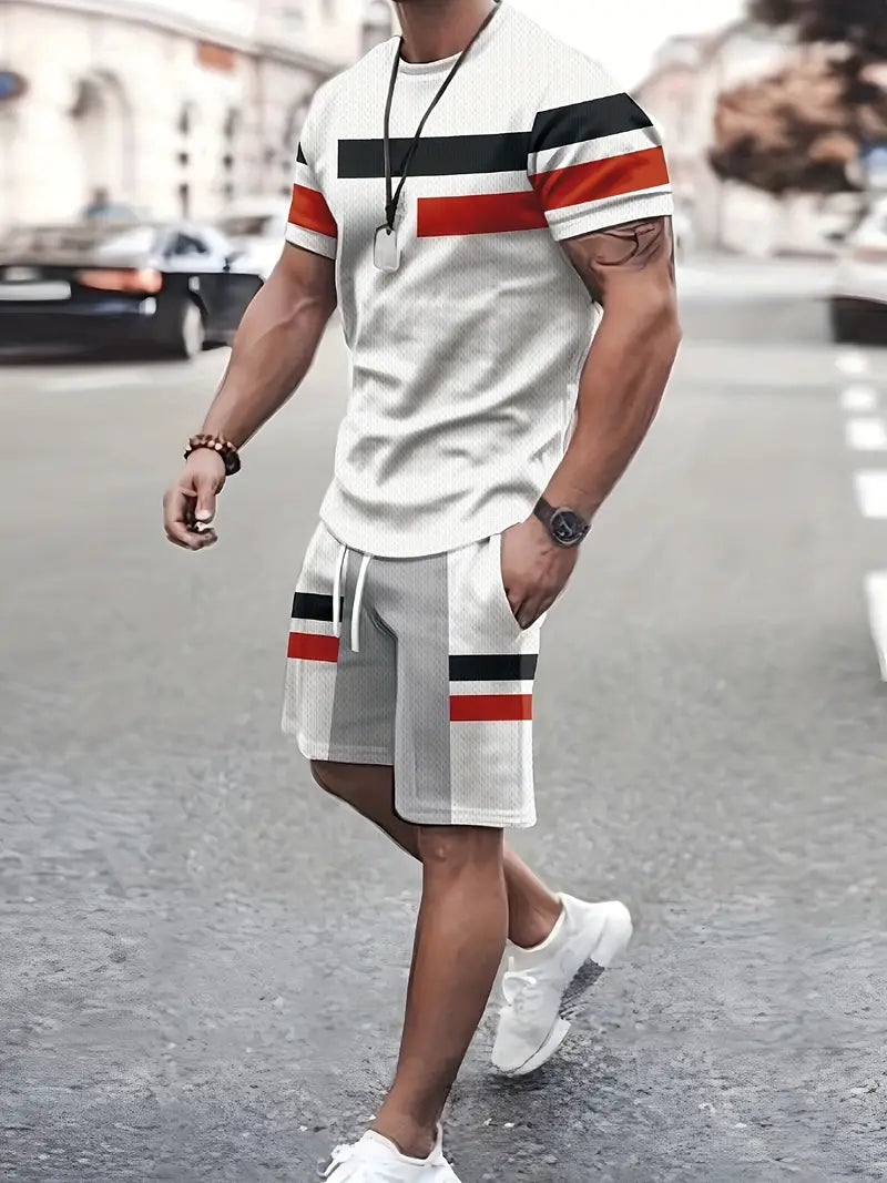 Conjunto de 2 peças de lazer de verão masculino, camiseta masculina de manga curta, gola redonda e shorts com cordão