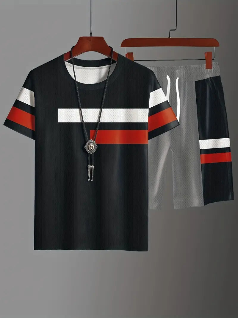 Conjunto de 2 peças de lazer de verão masculino, camiseta masculina de manga curta, gola redonda e shorts com cordão