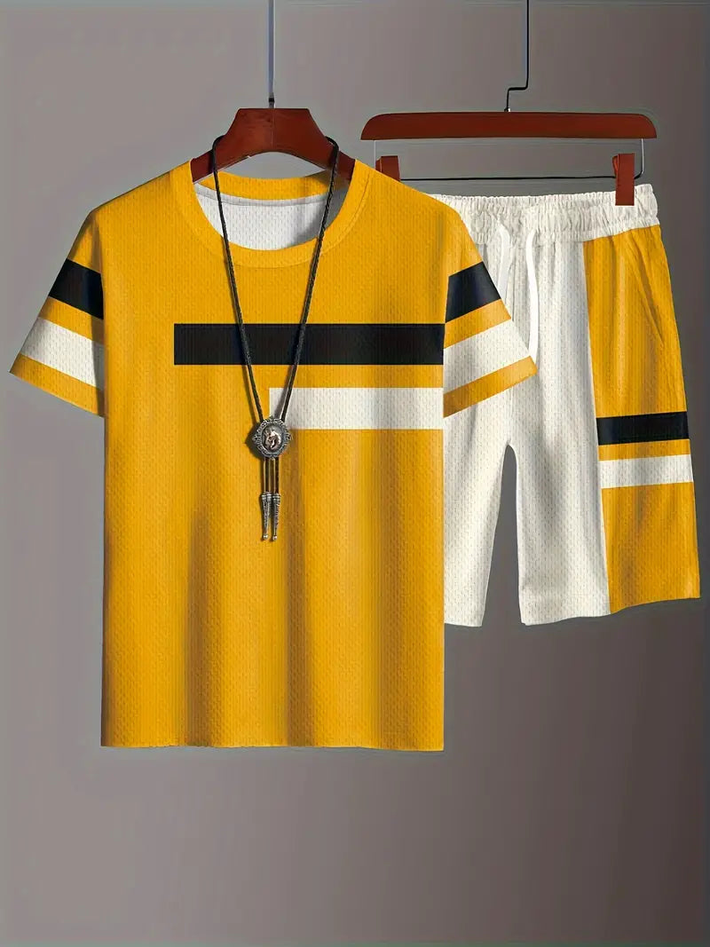 Conjunto de 2 peças de lazer de verão masculino, camiseta masculina de manga curta, gola redonda e shorts com cordão