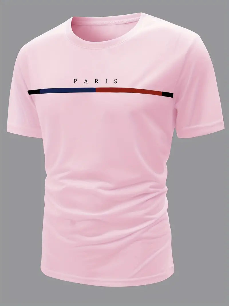 Camiseta casual com estampa do alfabeto de Paris – tecido elástico confortável, camisa masculina durável