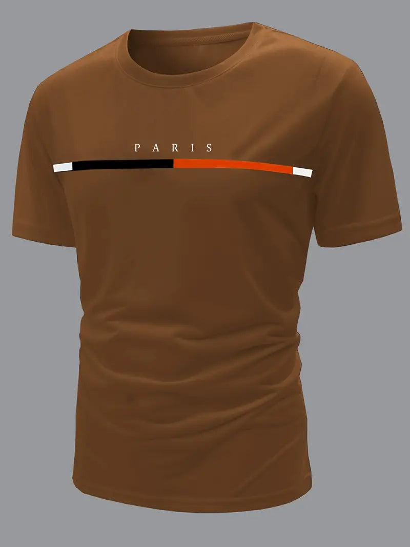 Camiseta casual com estampa do alfabeto de Paris – tecido elástico confortável, camisa masculina durável