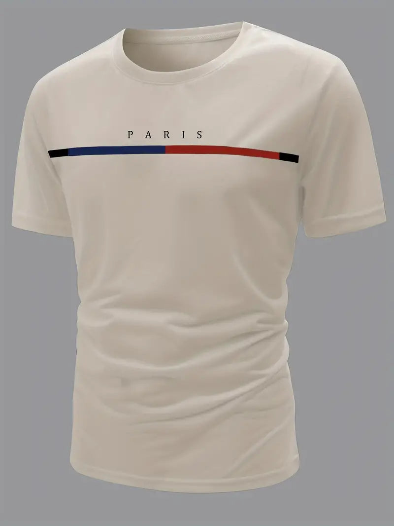 Camiseta casual com estampa do alfabeto de Paris – tecido elástico confortável, camisa masculina durável