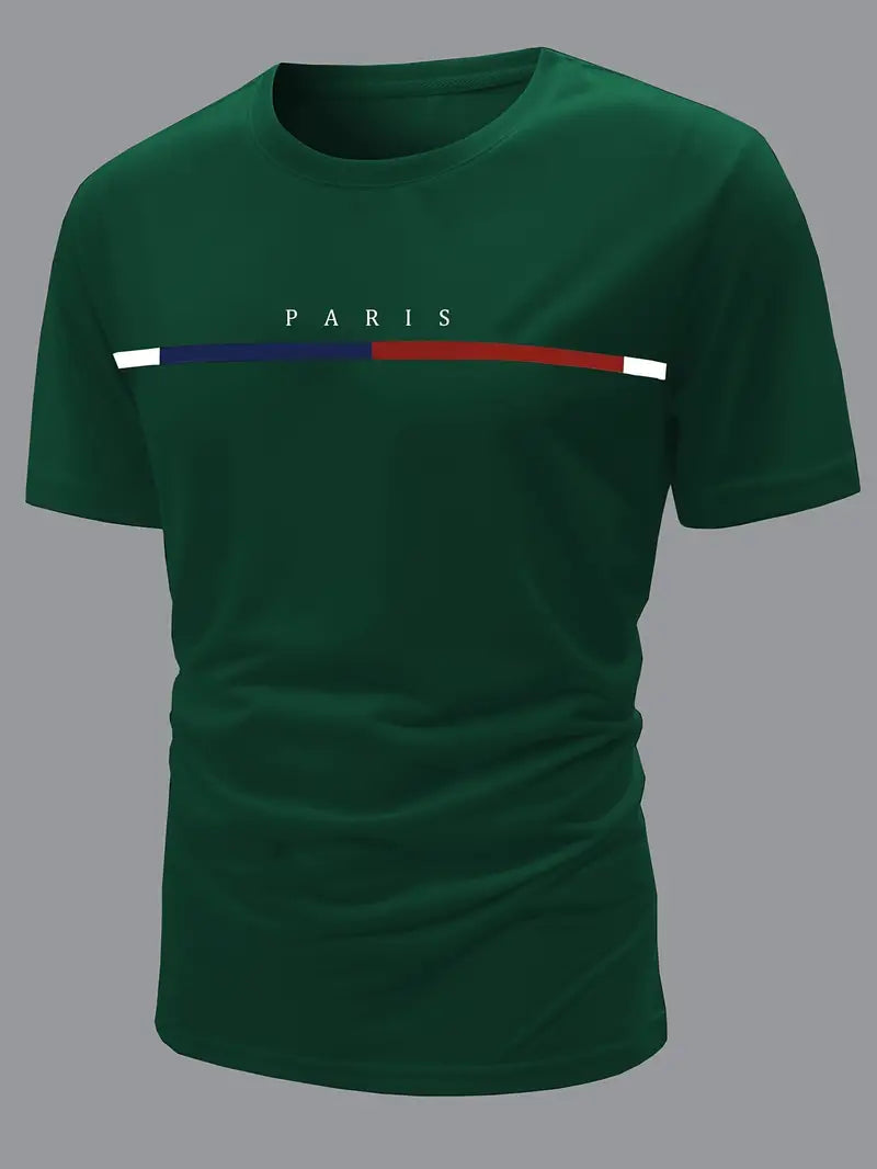Camiseta casual com estampa do alfabeto de Paris – tecido elástico confortável, camisa masculina durável
