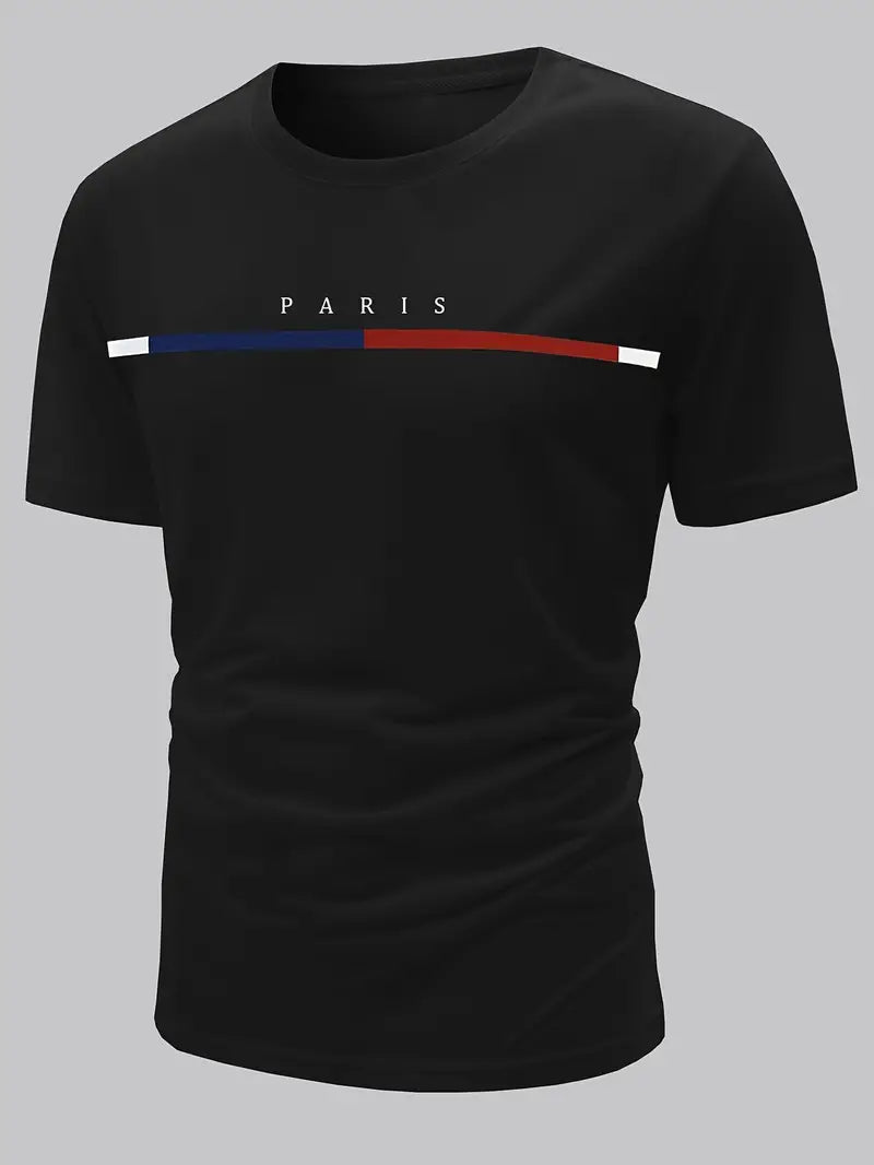Camiseta casual com estampa do alfabeto de Paris – tecido elástico confortável, camisa masculina durável