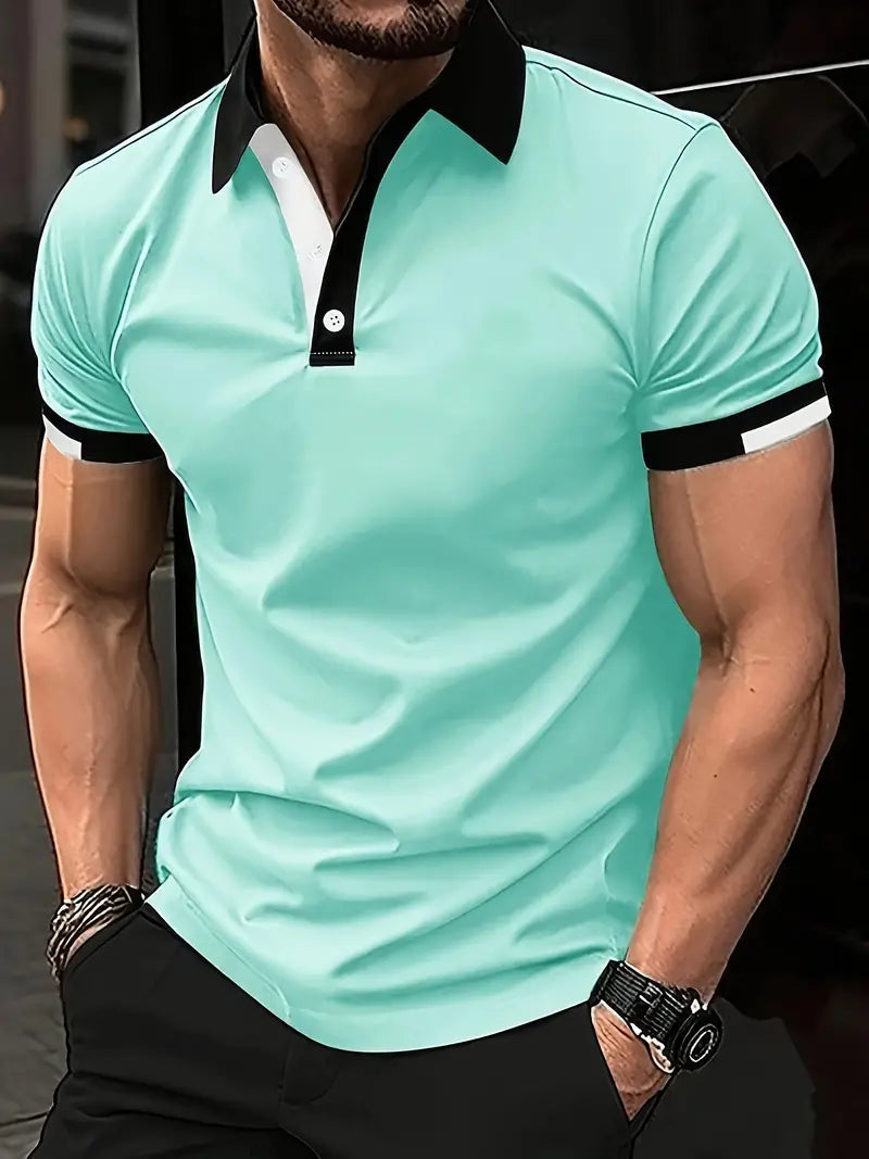 Camisa de manga curta masculina de bloco de cores, para lazer e esportes