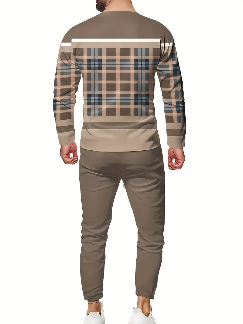 Conjunto de verão masculino moderno de 2 peças Ombre – camiseta respirável com gola redonda e manga comprida e calça de moletom