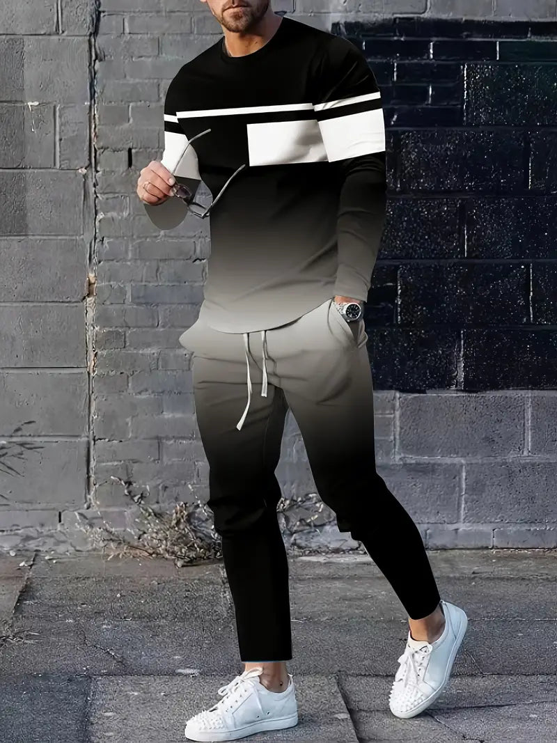 Conjunto de verão masculino moderno de 2 peças Ombre – camiseta respirável com gola redonda e manga comprida e calça de moletom