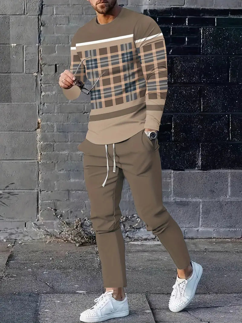 Conjunto de verão masculino moderno de 2 peças Ombre – camiseta respirável com gola redonda e manga comprida e calça de moletom