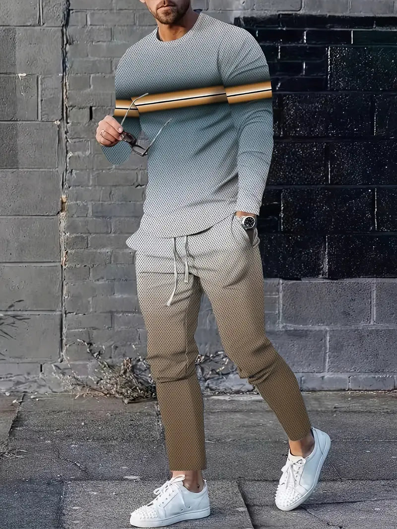 Conjunto de verão masculino moderno de 2 peças Ombre – camiseta respirável com gola redonda e manga comprida e calça de moletom