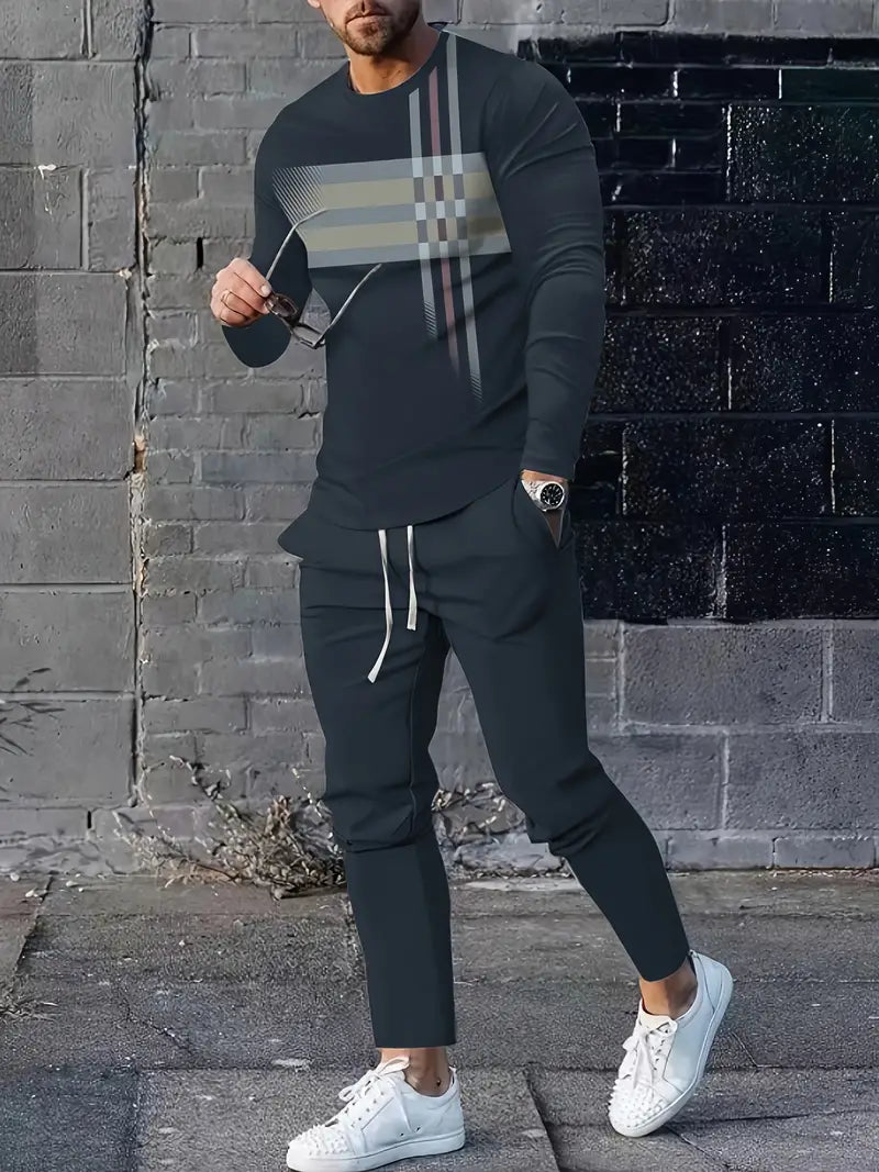 Conjunto de verão masculino moderno de 2 peças Ombre – camiseta respirável com gola redonda e manga comprida e calça de moletom