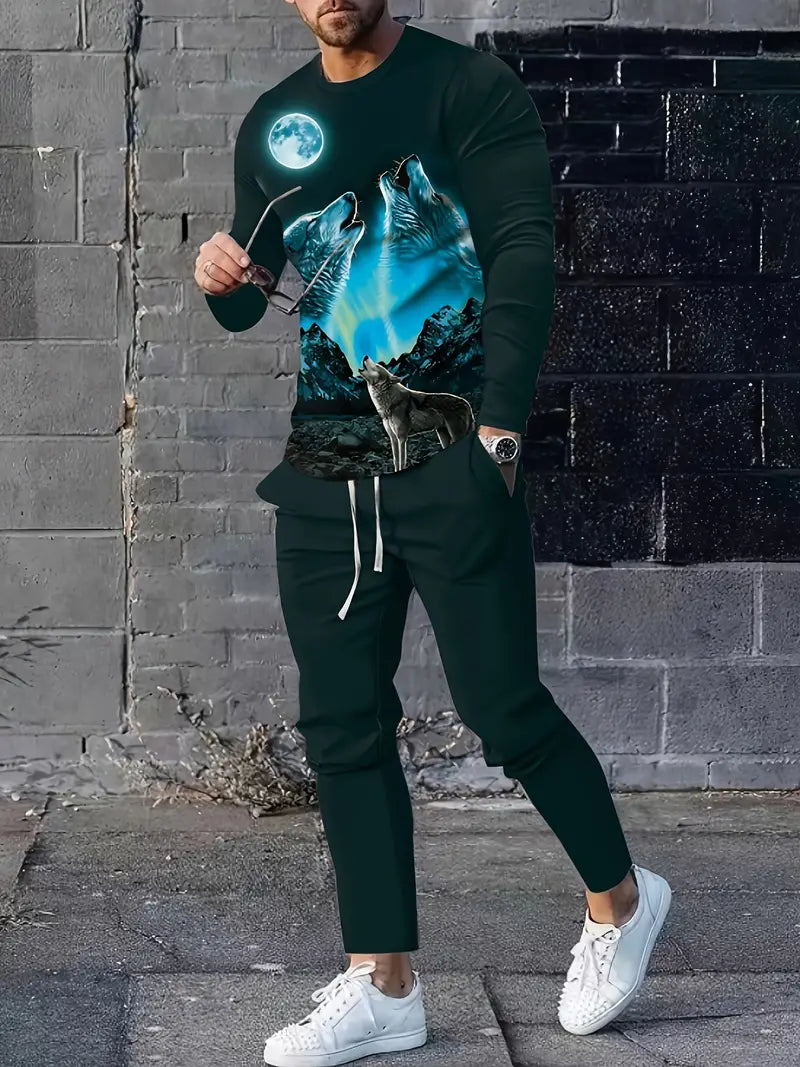 Conjunto de verão masculino moderno de 2 peças Ombre – camiseta respirável com gola redonda e manga comprida e calça de moletom