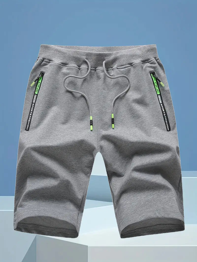 Bermudas masculinas sólidas com bolsos com zíper, shorts de cintura elástica e cordão