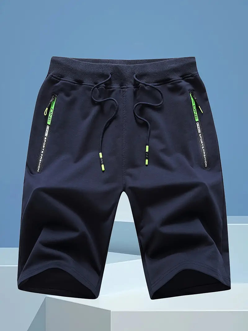 Bermudas masculinas sólidas com bolsos com zíper, shorts de cintura elástica e cordão