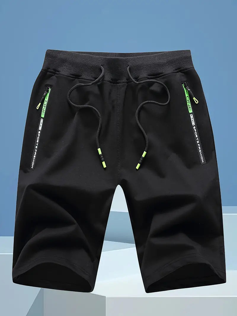 Bermudas masculinas sólidas com bolsos com zíper, shorts de cintura elástica e cordão