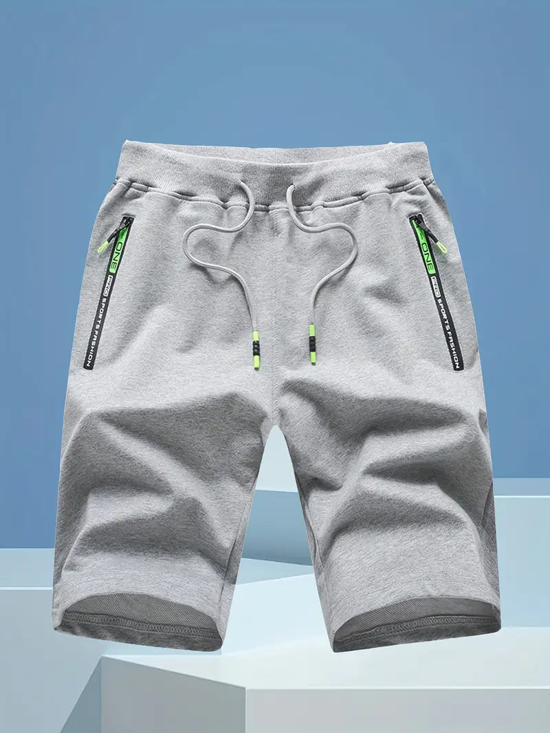 Bermudas masculinas sólidas com bolsos com zíper, shorts de cintura elástica e cordão
