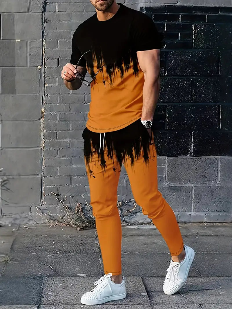 Conjunto de 2 peças de lazer de verão masculino, camiseta masculina de manga curta, gola redonda e shorts com cordão