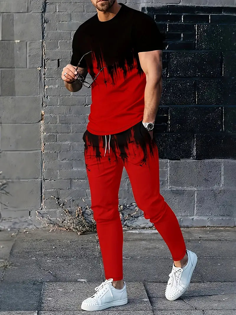 Conjunto de 2 peças de lazer de verão masculino, camiseta masculina de manga curta, gola redonda e shorts com cordão