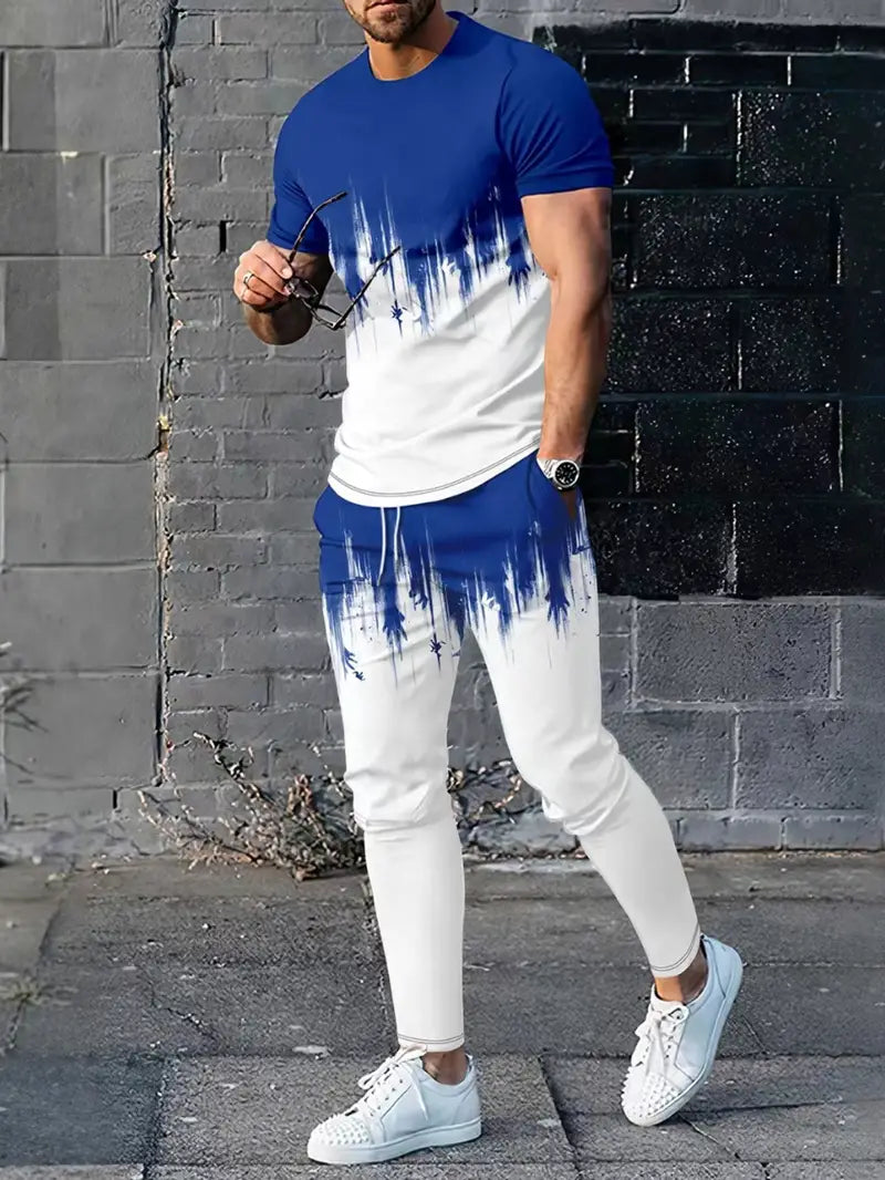 Conjunto de 2 peças de lazer de verão masculino, camiseta masculina de manga curta, gola redonda e shorts com cordão