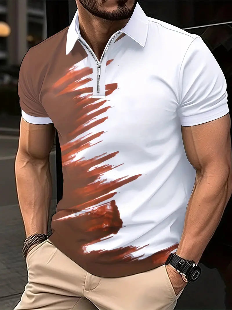 Camisete polo masculina elegante com zíper e cor sólida