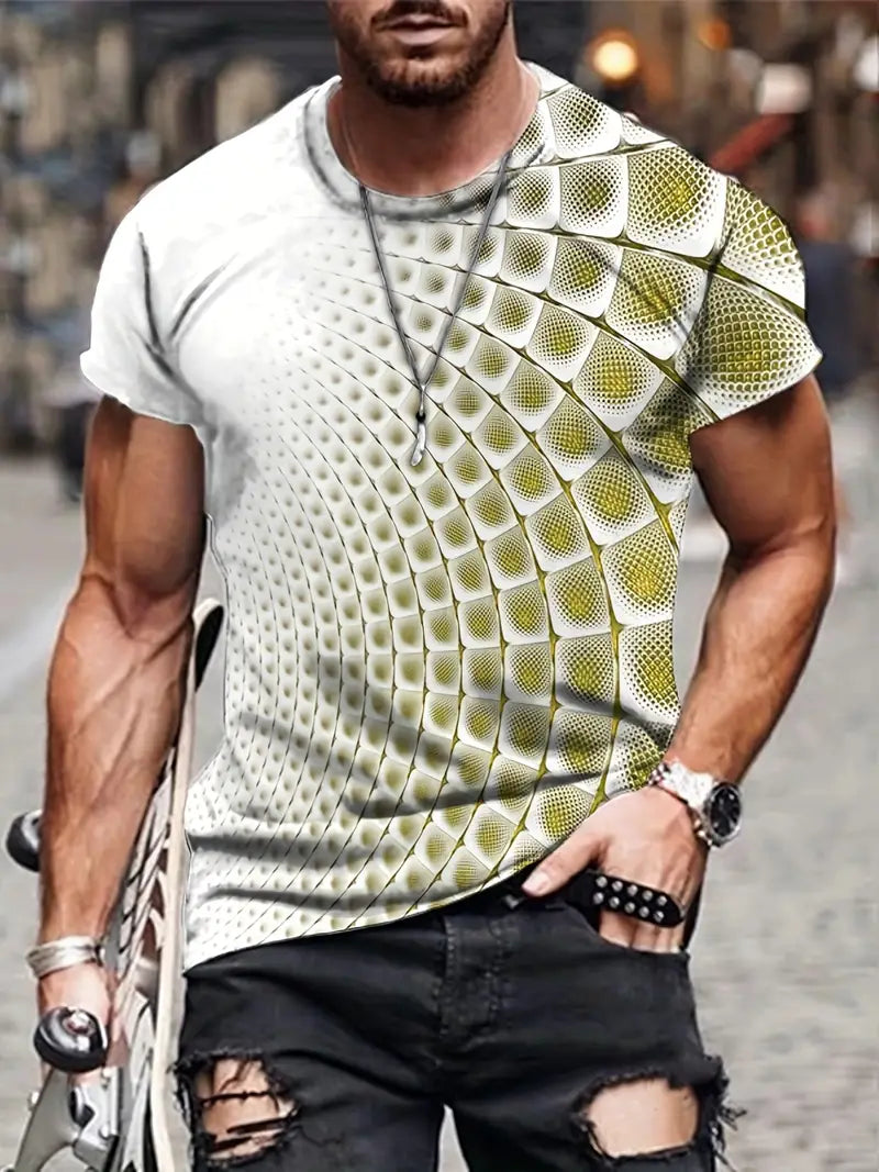 Camiseta masculina de ilusão óptica de novidade com gola redonda