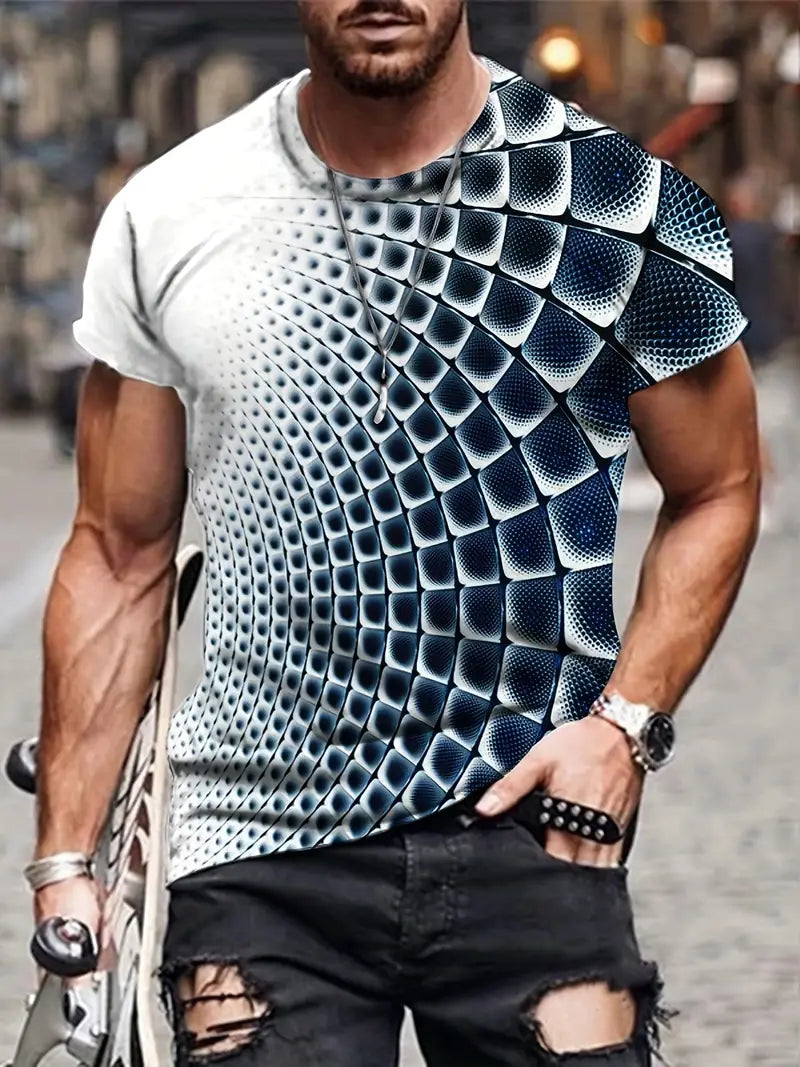 Camiseta masculina de ilusão óptica de novidade com gola redonda