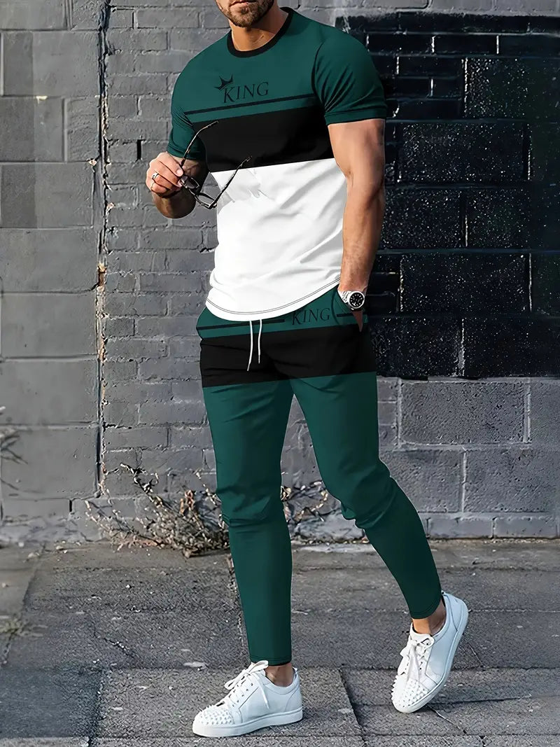 Conjunto de 2 peças de lazer de verão masculino, camiseta masculina de manga curta, gola redonda e shorts com cordão