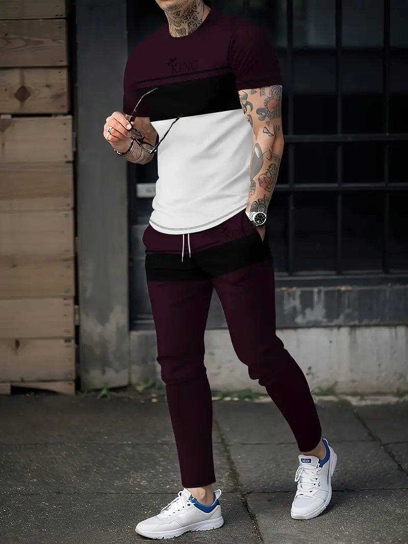 Conjunto de 2 peças de lazer de verão masculino, camiseta masculina de manga curta, gola redonda e shorts com cordão
