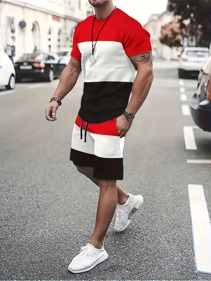 Conjunto de 2 peças de lazer de verão masculino, camiseta masculina de manga curta, gola redonda e shorts com cordão