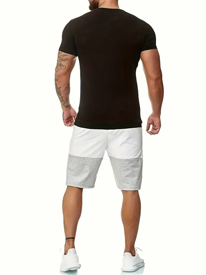 Conjunto de 2 peças de lazer de verão masculino, camiseta masculina de manga curta, gola redonda e shorts com cordão