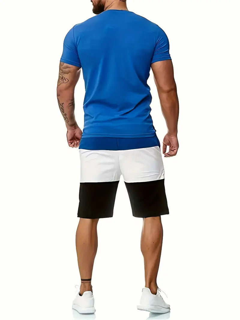 Conjunto de 2 peças de lazer de verão masculino, camiseta masculina de manga curta, gola redonda e shorts com cordão
