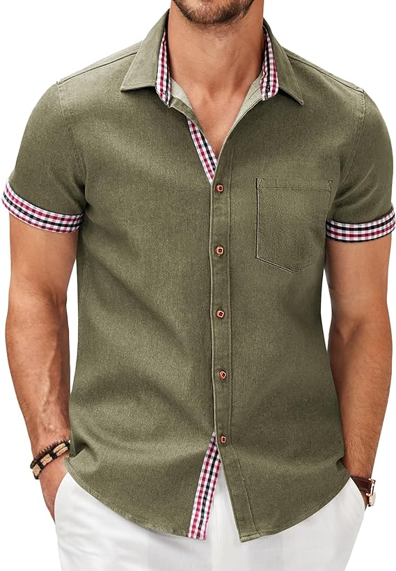 Camisa masculina casual de manga curta com botões, camisa jeans de trabalho
