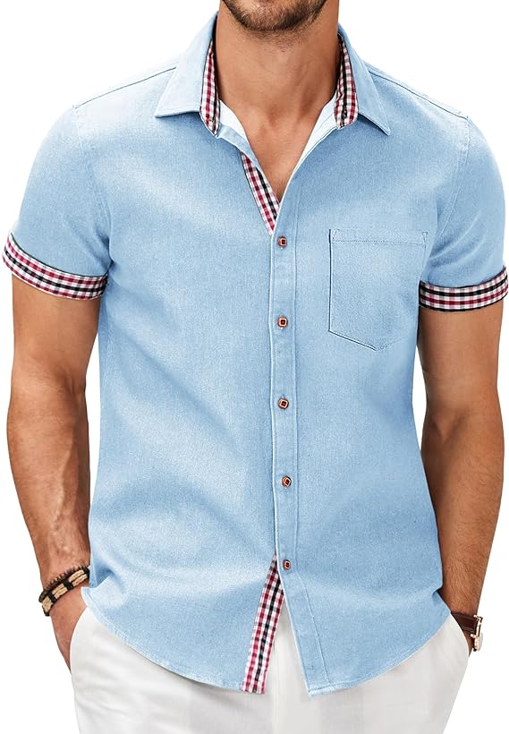 Camisa masculina casual de manga curta com botões, camisa jeans de trabalho