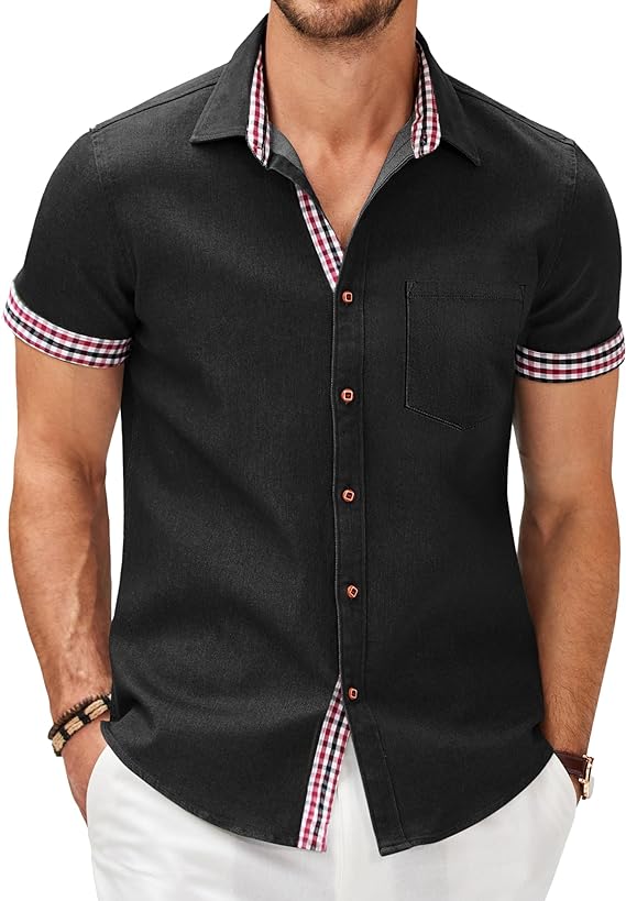 Camisa masculina casual de manga curta com botões, camisa jeans de trabalho