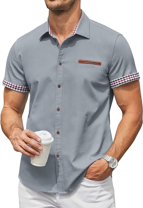 Camisa masculina casual de manga curta com botões, camisa jeans de trabalho