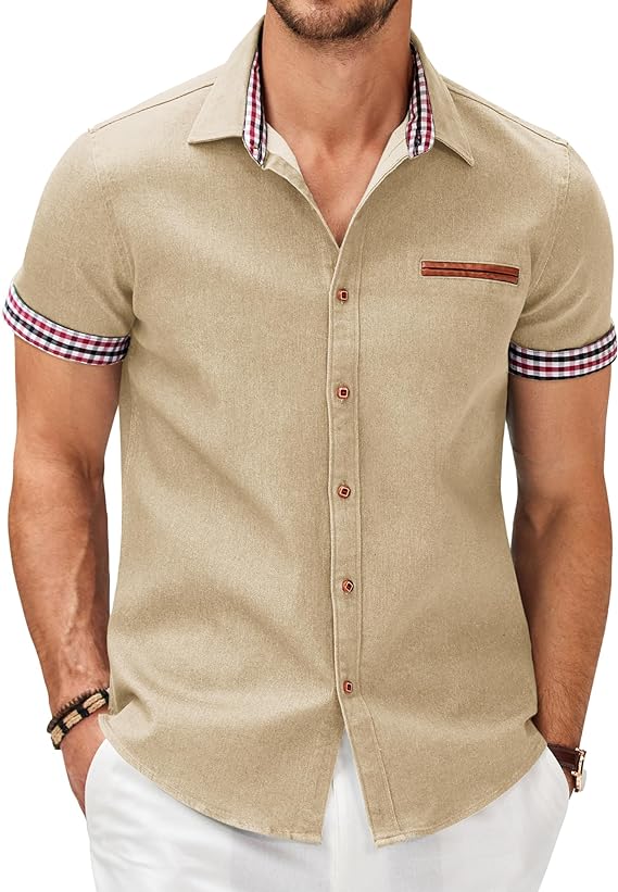 Camisa masculina casual de manga curta com botões, camisa jeans de trabalho