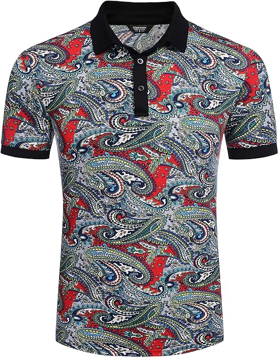 Camisas polo masculinas casuais de manga curta Slim Fit Paisley Polo Camisetas com estampa floral