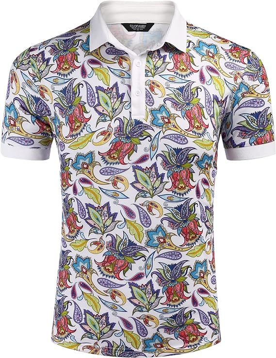 Camisas polo masculinas casuais de manga curta Slim Fit Paisley Polo Camisetas com estampa floral