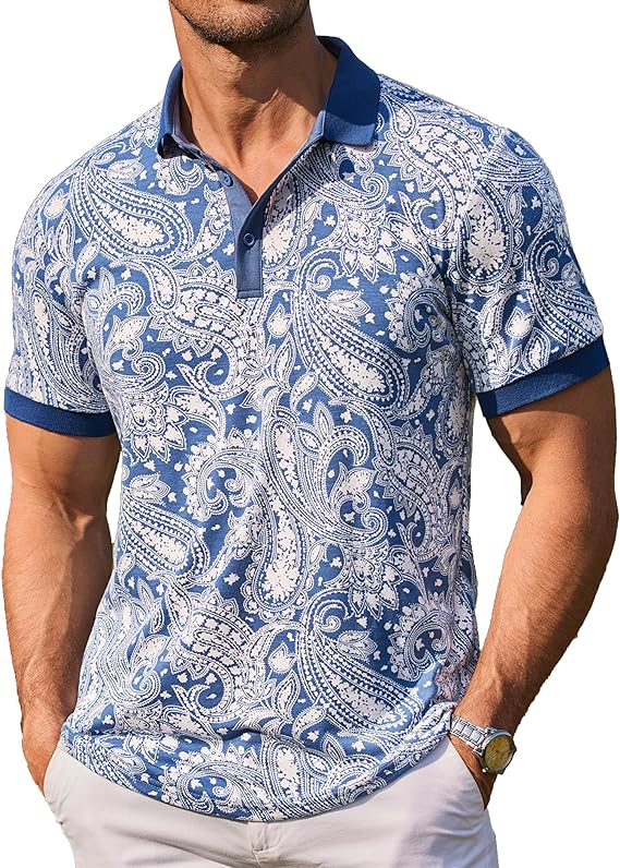 Camisas polo masculinas casuais de manga curta Slim Fit Paisley Polo Camisetas com estampa floral