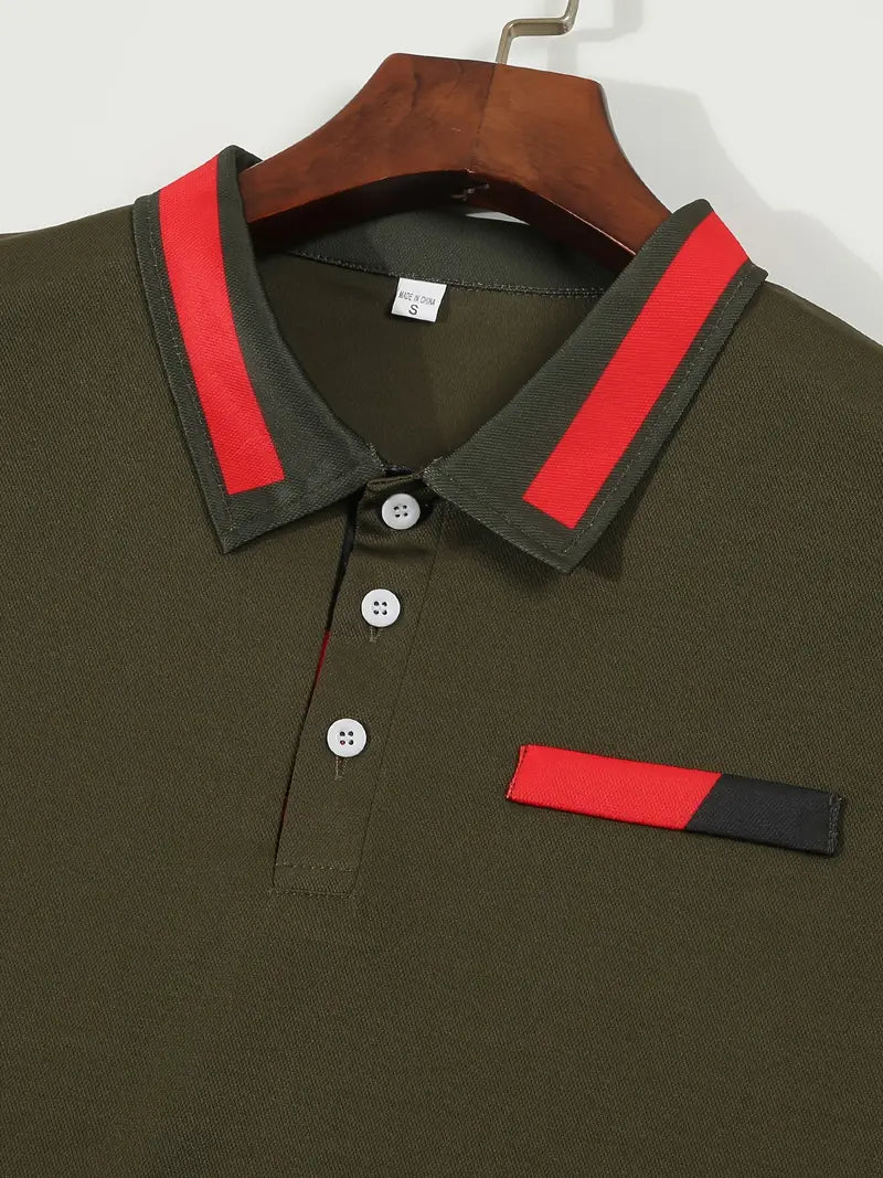 Camiseta Polo masculino de manga curta, design de bloco colorido – ideal para esportes