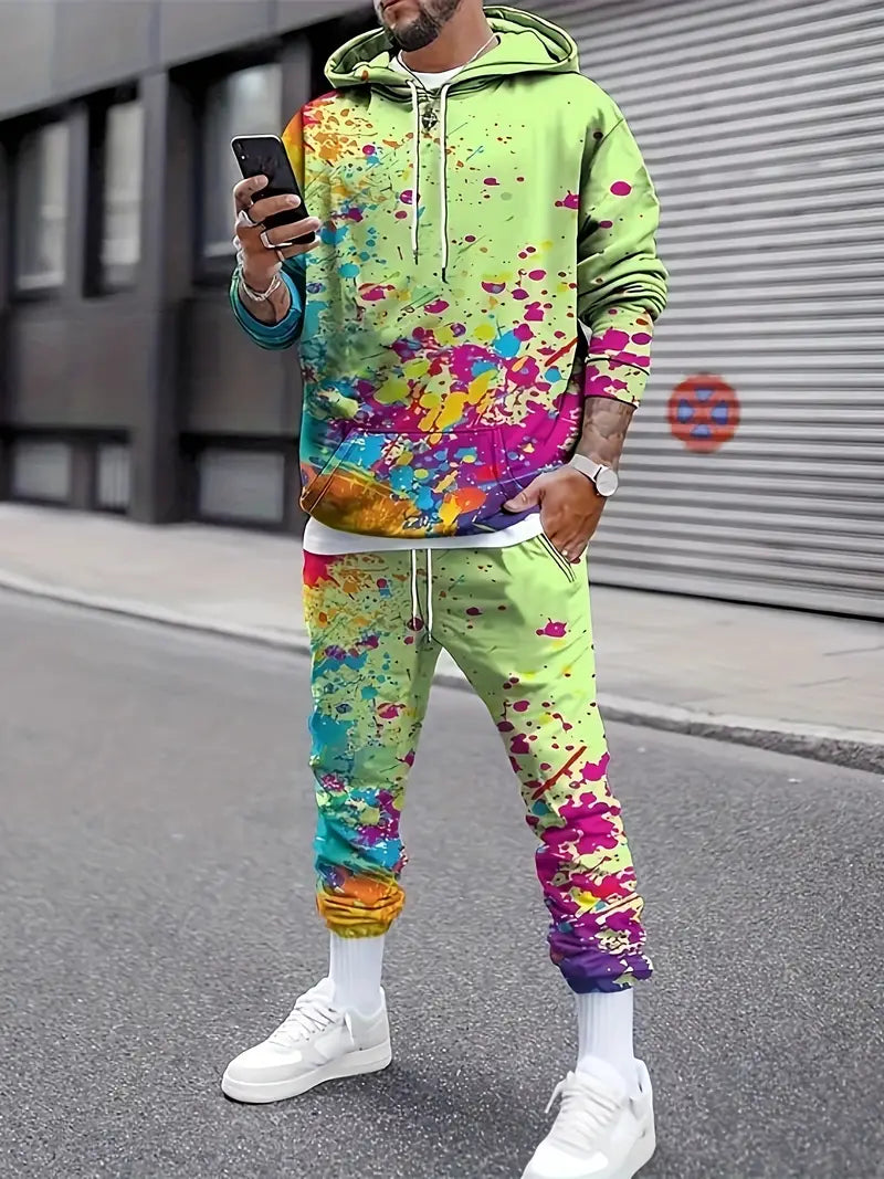 Conjunto masculino de 2 peças com capuz e jogger Paint Splatter – Loungewear aconchegante
