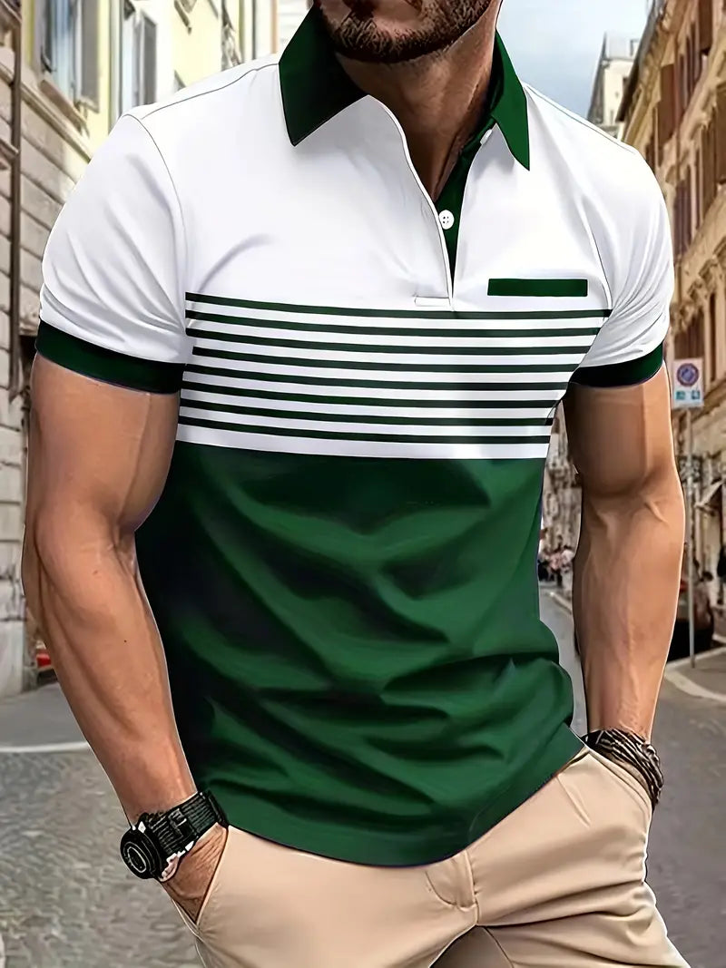 Camiseta Polo de golfe masculino moderno de manga curta – Design em bloco de cores listrado