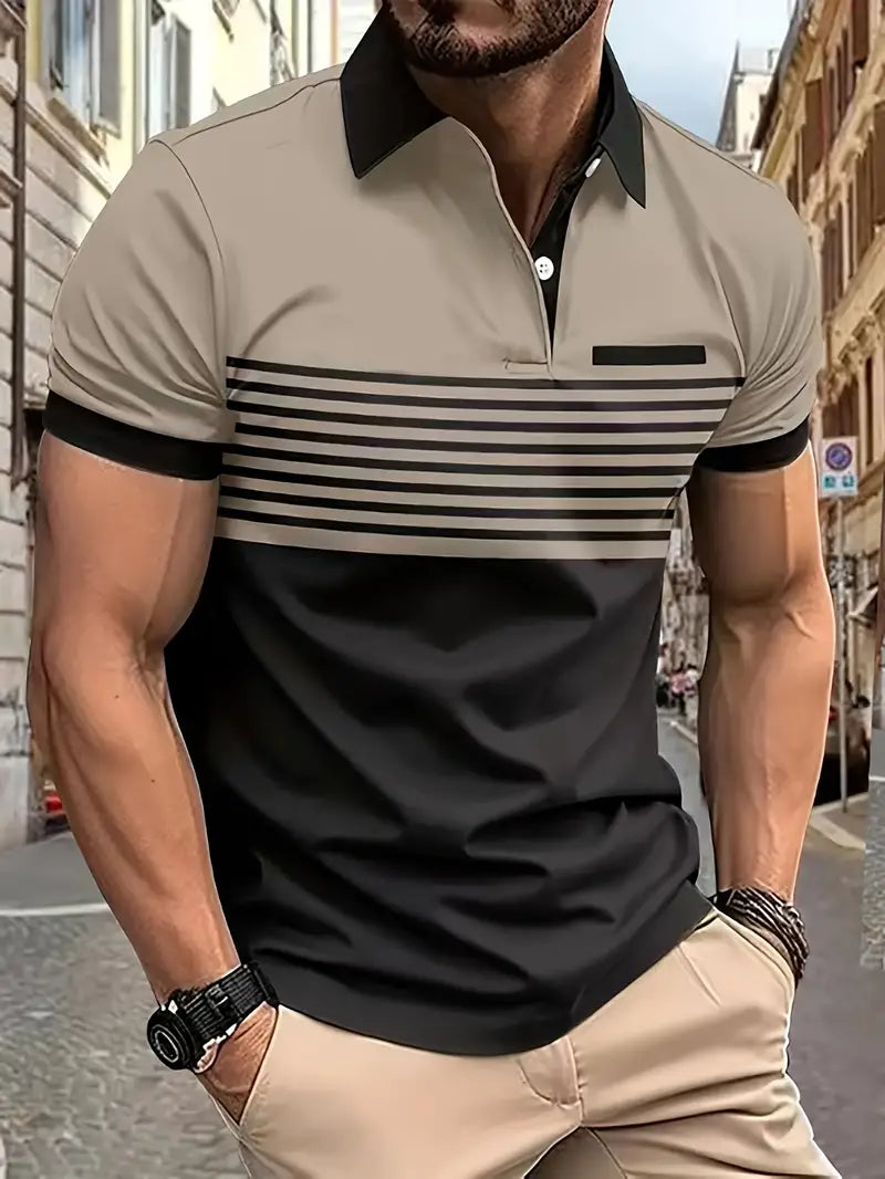Camiseta Polo de golfe masculino moderno de manga curta – Design em bloco de cores listrado