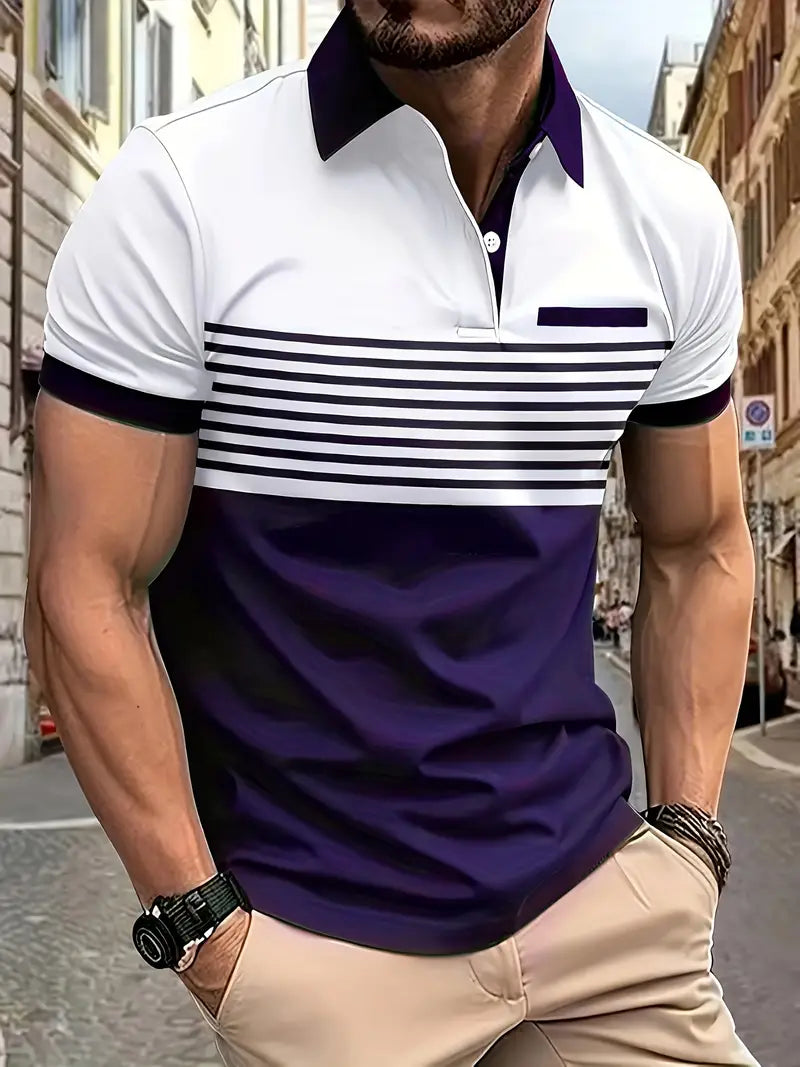 Camiseta Polo de golfe masculino moderno de manga curta – Design em bloco de cores listrado