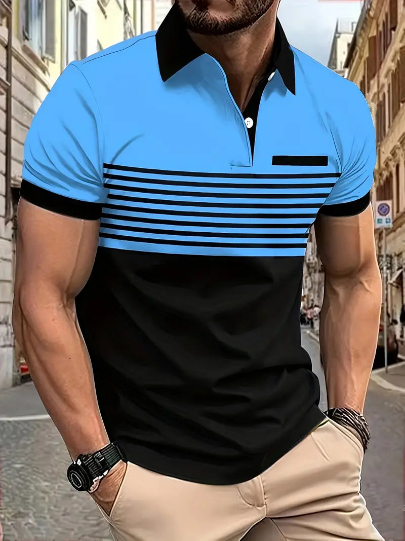 Camiseta Polo de golfe masculino moderno de manga curta – Design em bloco de cores listrado