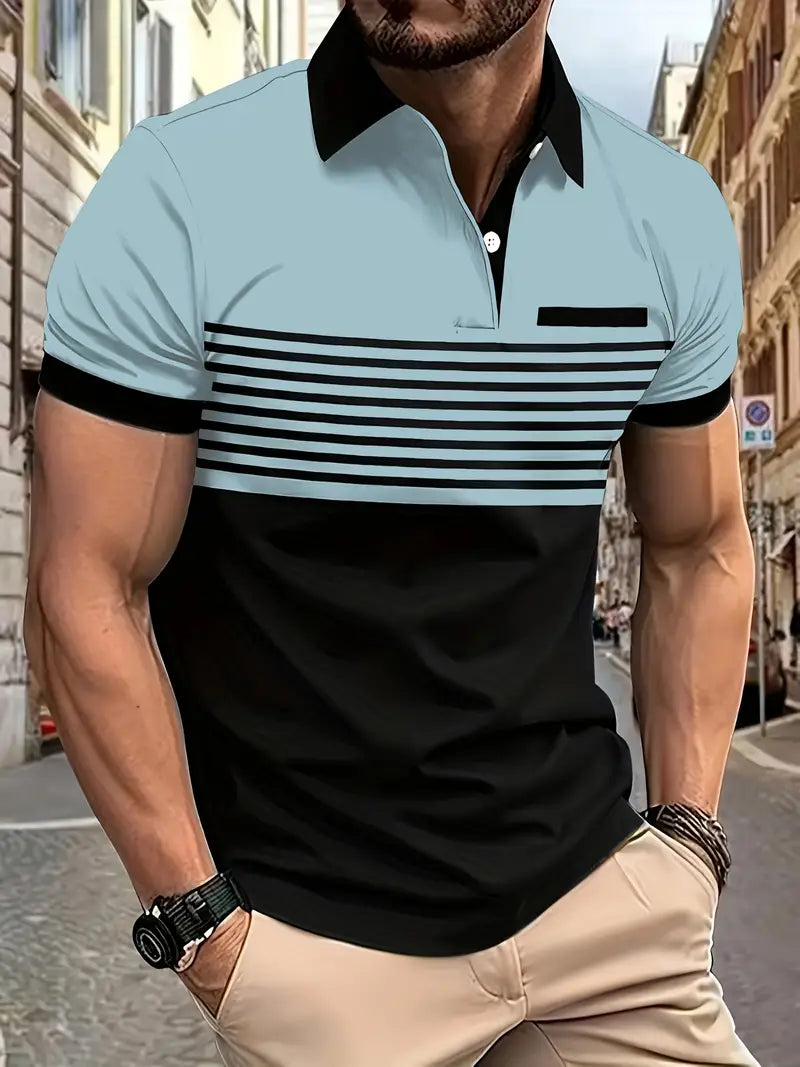 Camiseta Polo de golfe masculino moderno de manga curta – Design em bloco de cores listrado