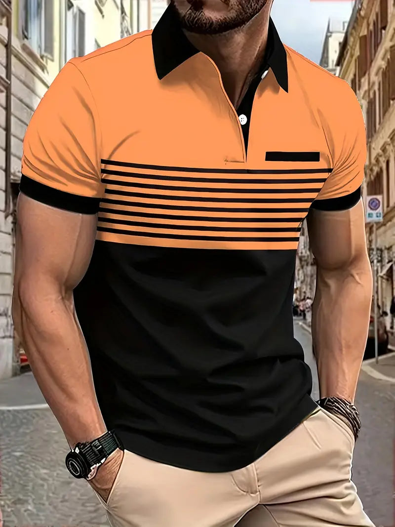 Camiseta Polo de golfe masculino moderno de manga curta – Design em bloco de cores listrado