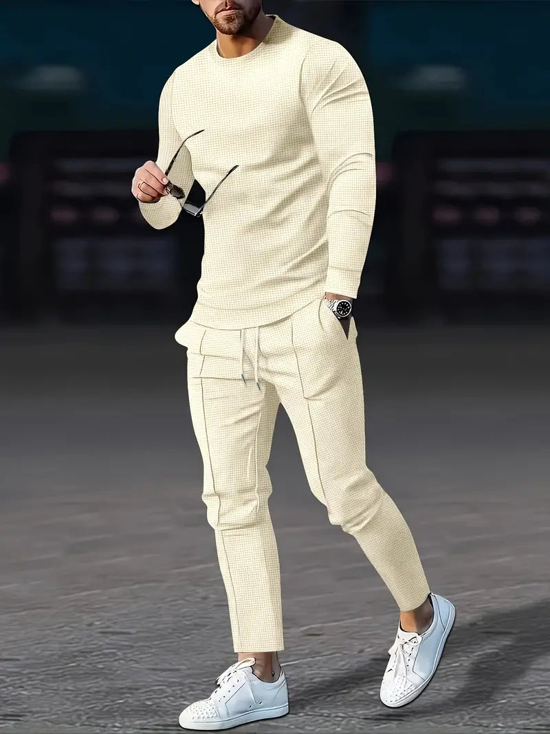 Conjunto de jogger confortável masculino de 2 peças – moletom relaxado com gola redonda