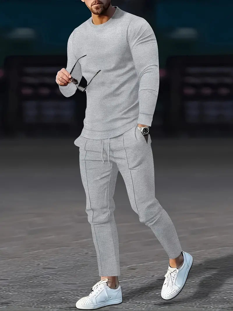 Conjunto de jogger confortável masculino de 2 peças – moletom relaxado com gola redonda